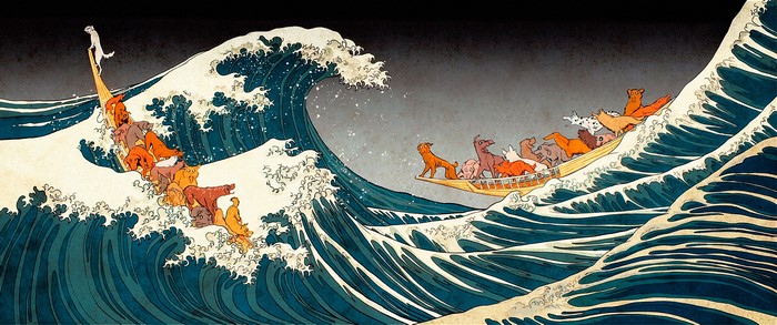 Dogs in boats on The Great Wave off Kanagawa