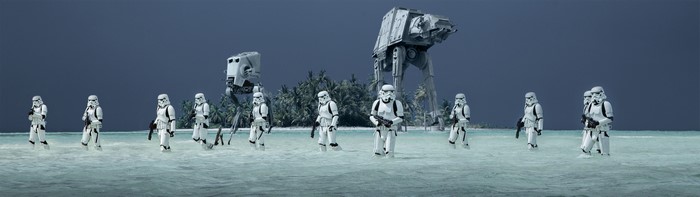 Stormtroopers and AT-AT walkers on a tropical beach