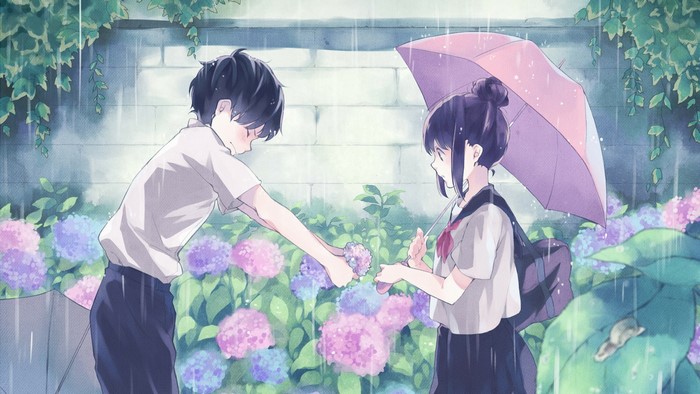 Anime School Uniform Rain Scene with Umbrella