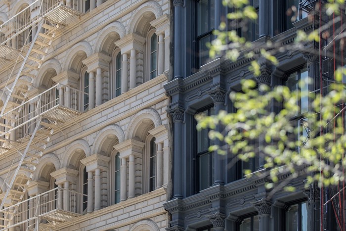 Beige and black buildings with fire escape and trees