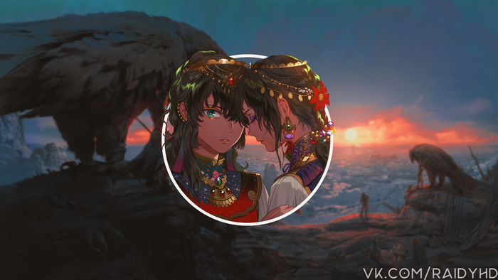 Two anime characters with ornate jewelry and clothing