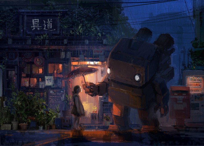 Girl and robot sharing an umbrella in the rain at night