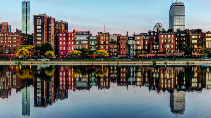 Boston cityscape with buildings reflected in water
