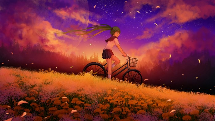 Hatsune Miku riding a bicycle through a field at sunset