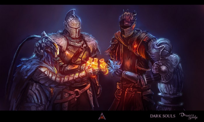 Knights from Dark Souls and Demon's Souls sharing estus flasks