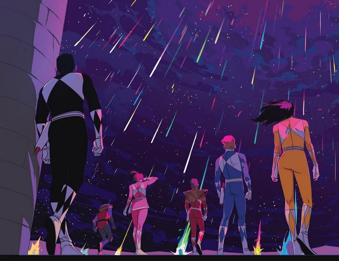 Mighty Morphin Power Rangers in front of a meteor shower