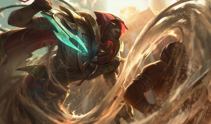 Pyke from League of Legends fighting in a sandstorm