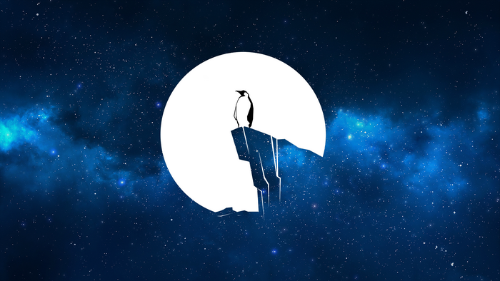 Penguin on a cliff in front of a moon and galaxy