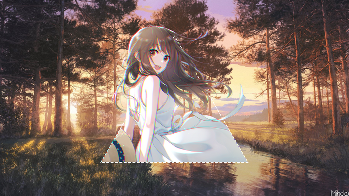 Anime girl in white dress in forest