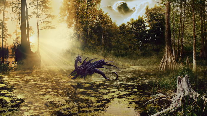 Dragon in a swamp with sun rays and trees