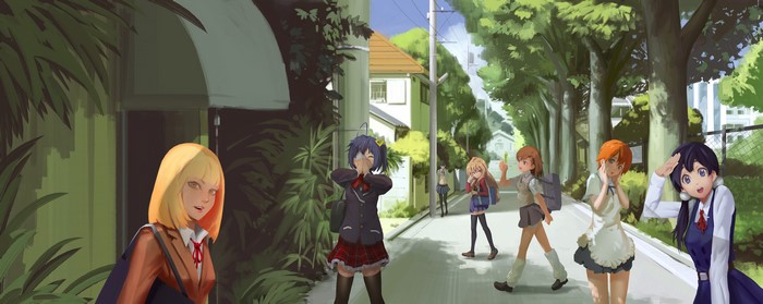 Anime girls in school uniforms on a street
