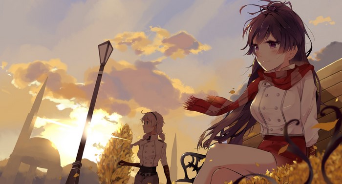 Anime girls in Honkai Impact at sunset