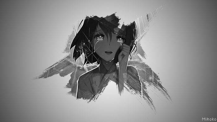 Monochrome Anime Girl with Short Hair Crying