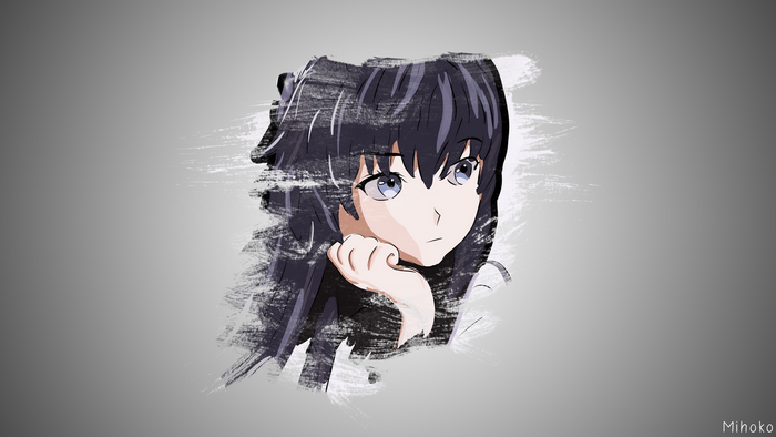 Anime girl with dark hair and blue eyes