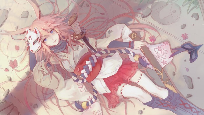 Anime girl with fox mask and katana