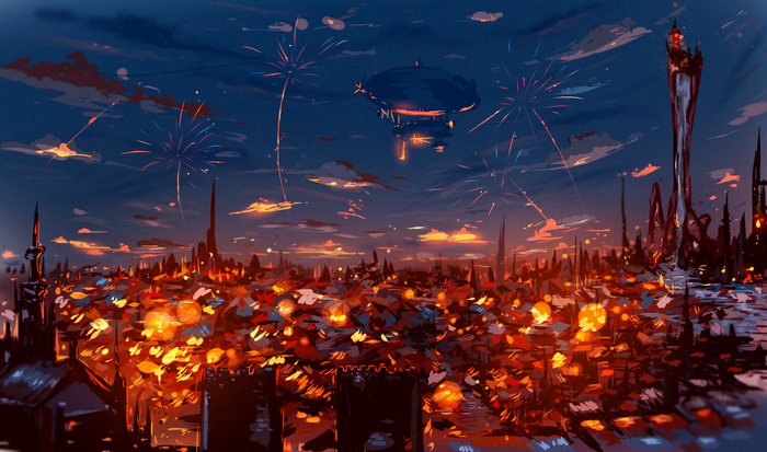 Cityscape with Zeppelin and Fireworks at Dusk