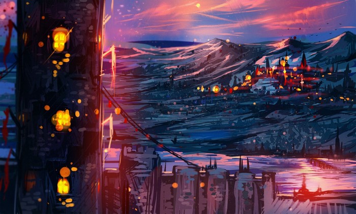 Digital painting of a fantasy cityscape at sunset