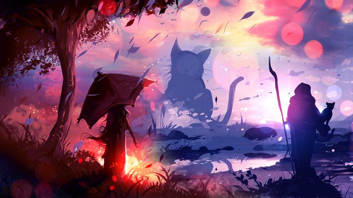 Digital art of cats, umbrella, and bokeh by Ryky