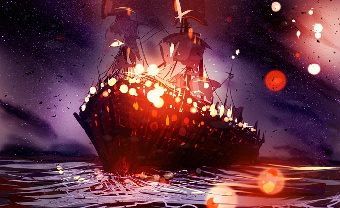 Fantasy ship with bokeh lights in starry sky