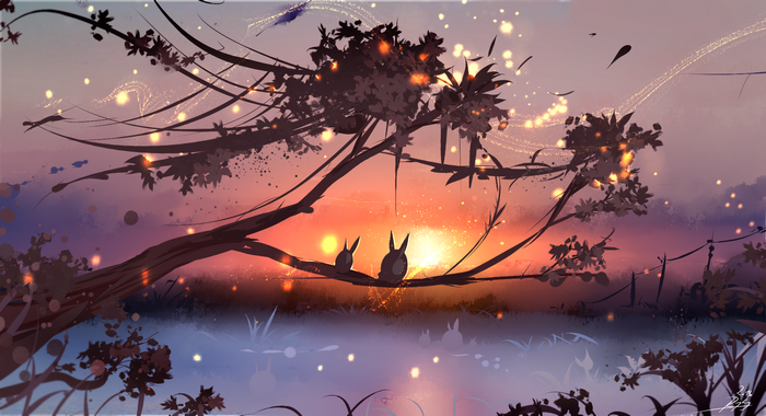 Digital painting of two rabbits on a branch at sunset