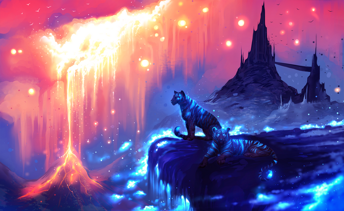 Two glowing tigers near a volcano and a dark castle