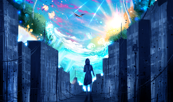 Girl walking towards a surreal sky in a cityscape