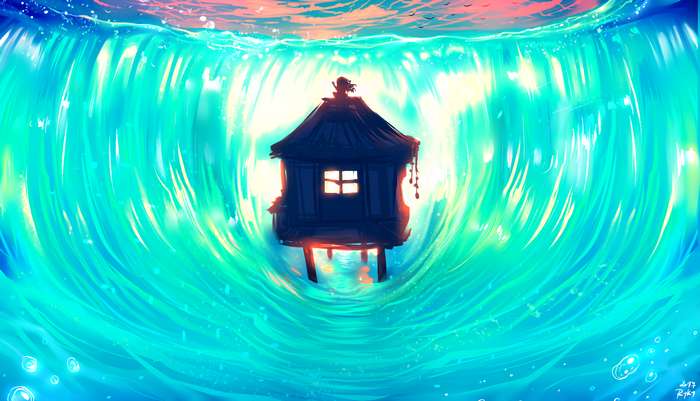 Digital painting of a house inside a wave