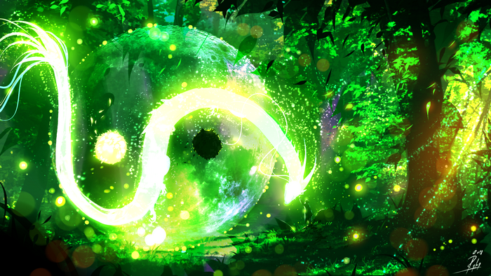Dragon and Yin Yang symbol in a forest