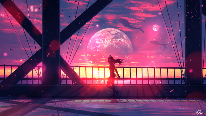 Girl on a bridge with whales and a large planet at sunset