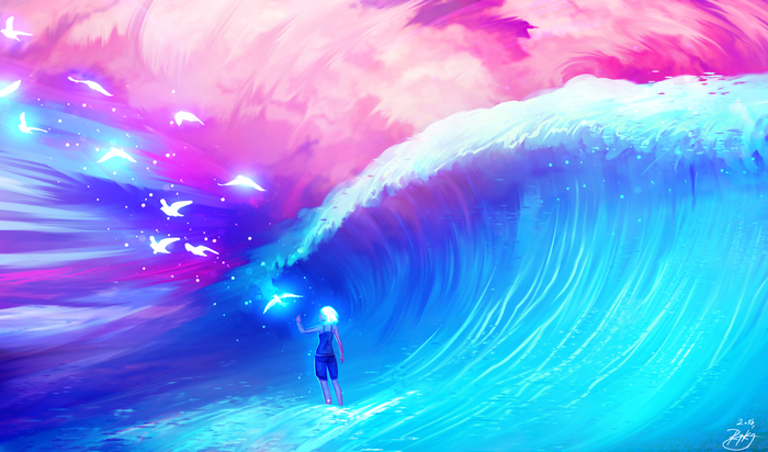 Girl with glowing birds in a wave