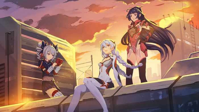 Three anime girls from Honkai Impact on a rooftop at sunset