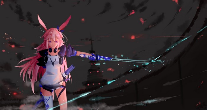 Anime girl with pink hair and sword from Honkai Impact