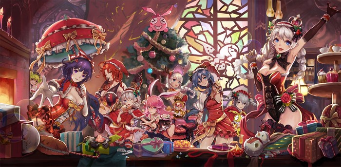 Anime girls in Christmas outfits with presents