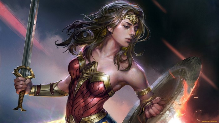 Wonder Woman holding sword and shield