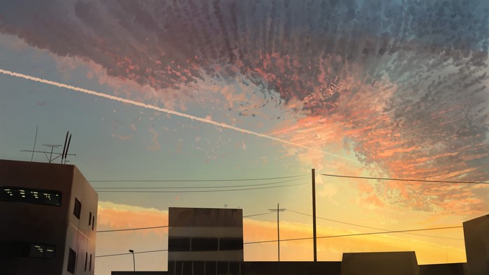 Anime sunset with contrails over buildings