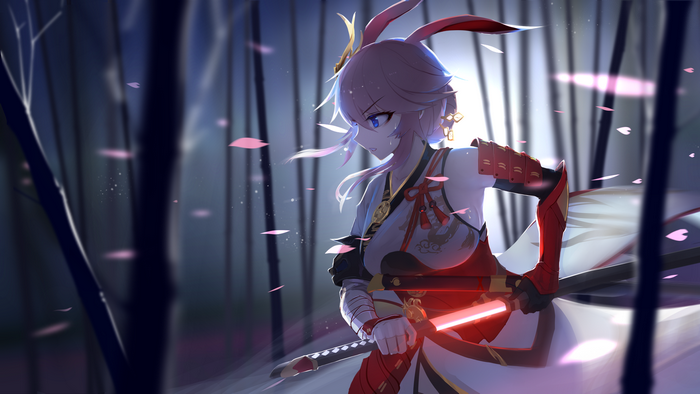 Yae Sakura from Honkai Impact with a glowing sword