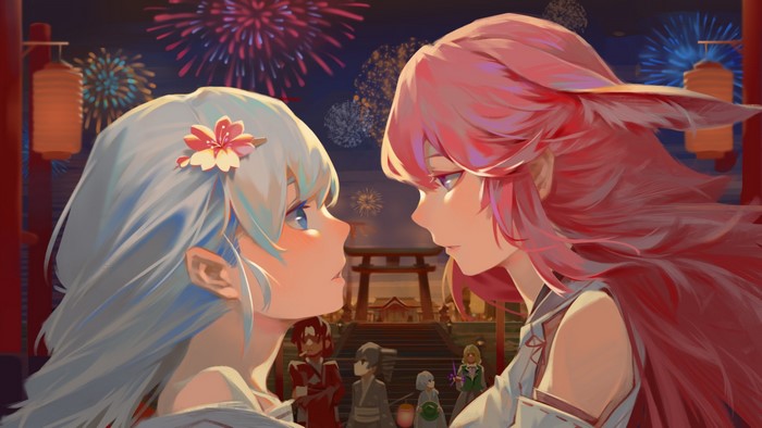 Anime girls at a festival with fireworks