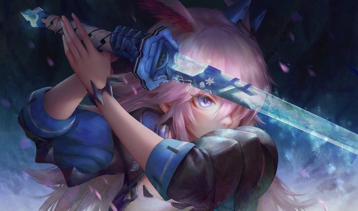 Anime girl with pink hair holding a sword