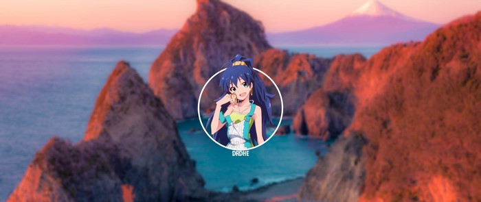 Anime girl with blue hair in a circle with mountains and ocean background