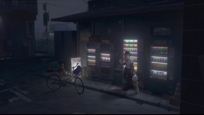Girl in school uniform with cat by vending machines at night