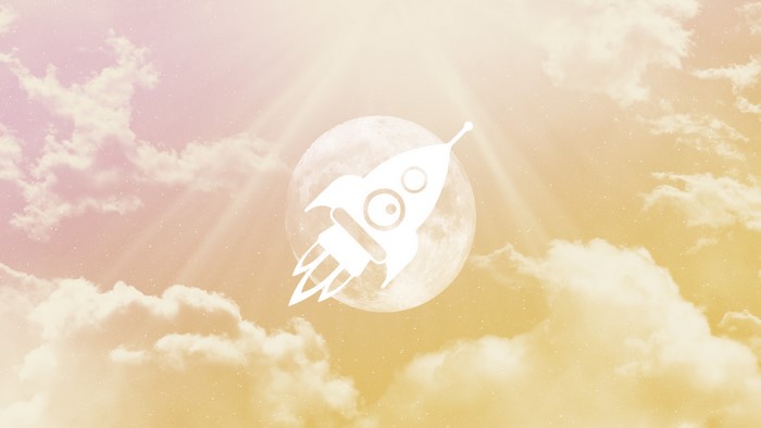 White rocket flying in front of the moon and sun rays