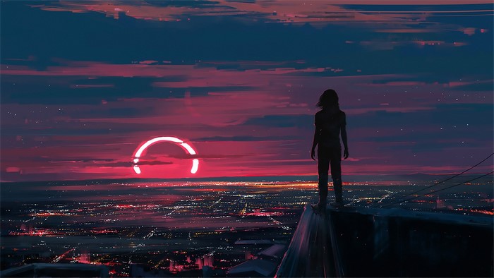 Girl watching a ring-shaped eclipse over a city at sunset