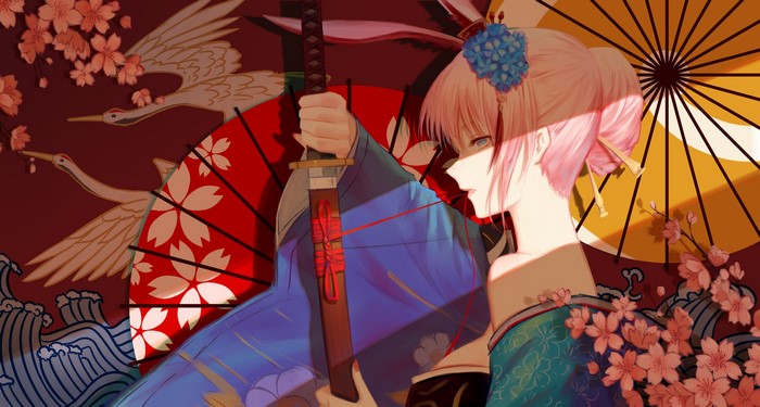 Anime girl with pink hair and bunny ears holding a katana