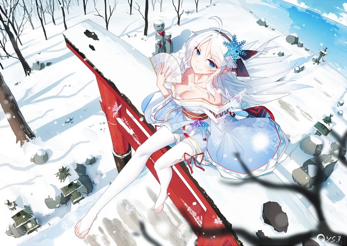 Anime girl in kimono with snowflake hair accessory in snow