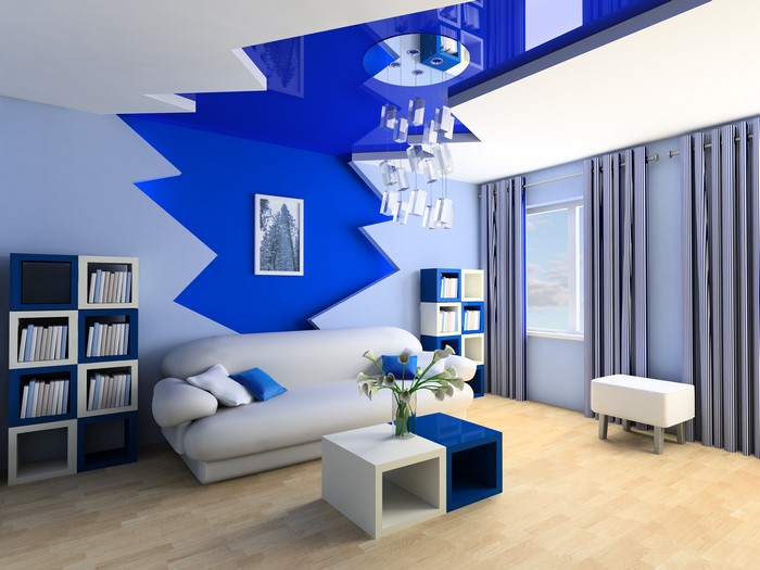 Modern living room with blue and white accents