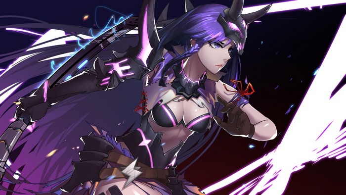 Raiden Mei from Honkai Impact with purple hair and armor