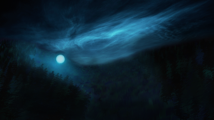 Moonlit forest with glowing clouds