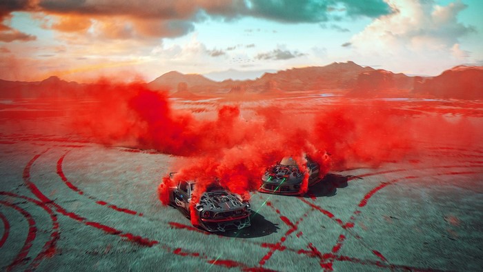 Khyzyl Saleem's Ford Mustang 1969 and Dodge Viper with red smoke