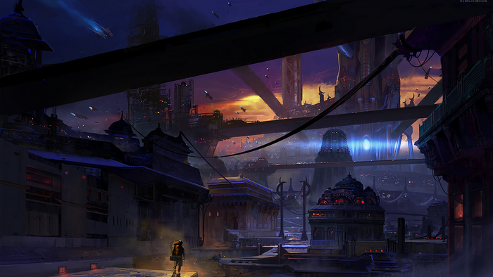 Futuristic city with traditional architecture at sunset