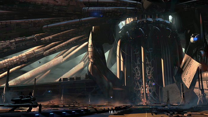 Futuristic industrial interior with large pipes and structures